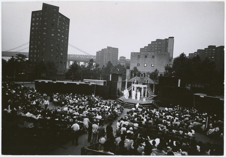 New York Shakespeare Festival mobile theater performance of Julius Caesar in Lower Manhattan