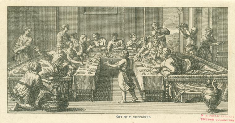 Roman triclinium, or dining room, with table and couches