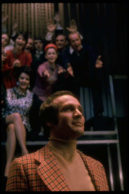 Actors Jane Russell (L) & Larry Kert (C) w. cast in a scene fr. the first replacement cast of the Broadway musical "Company." (New York)