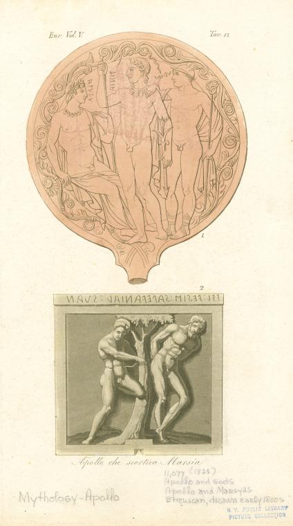 Etruscan mirror with Apollo, Zeus (?) and Hermes ; Apollo and Marsyas
