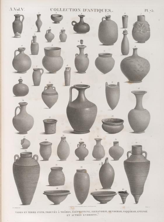 Collection d'antiques. Vases en terre cuite, trouvés à Thèbes, Éléphantine, Alexandrie, Denderah, Saqqârah, Antinoë et autres endroits.