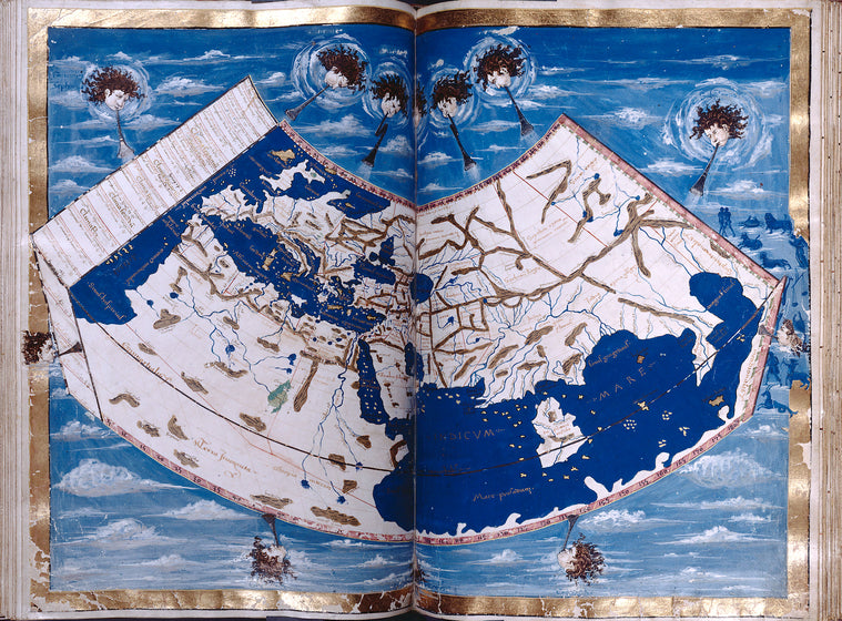 Map of Europe, Africa, the Mediterranean, and Asia. Wind heads. Full gold border