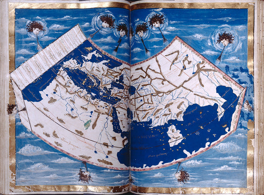 Map of Europe, Africa, the Mediterranean, and Asia. Wind heads. Full gold border