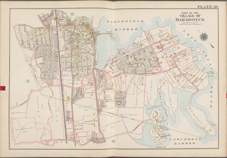 Westchester, V. 1, Double Page Plate No. 30 [Map bounded by Mamaroneck Harbor, Long Island Sound, Larchmont Harbor, Weaver St., Rockland Ave.]