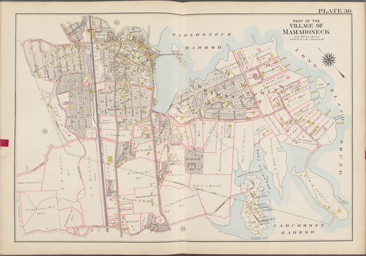 Westchester, V. 1, Double Page Plate No. 30 [Map bounded by Mamaroneck Harbor, Long Island Sound, Larchmont Harbor, Weaver St., Rockland Ave.]