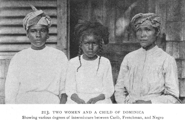 Two women and a child of Dominica; Showing various degrees of intermixture between Carib, Frenchman, and Negro.