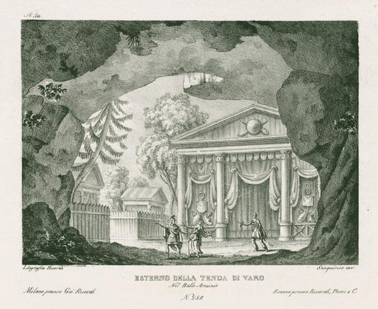 Esterno della tenda di varo nel ballo Arminio. Litografia Ricordi. Sanquirico inv.
