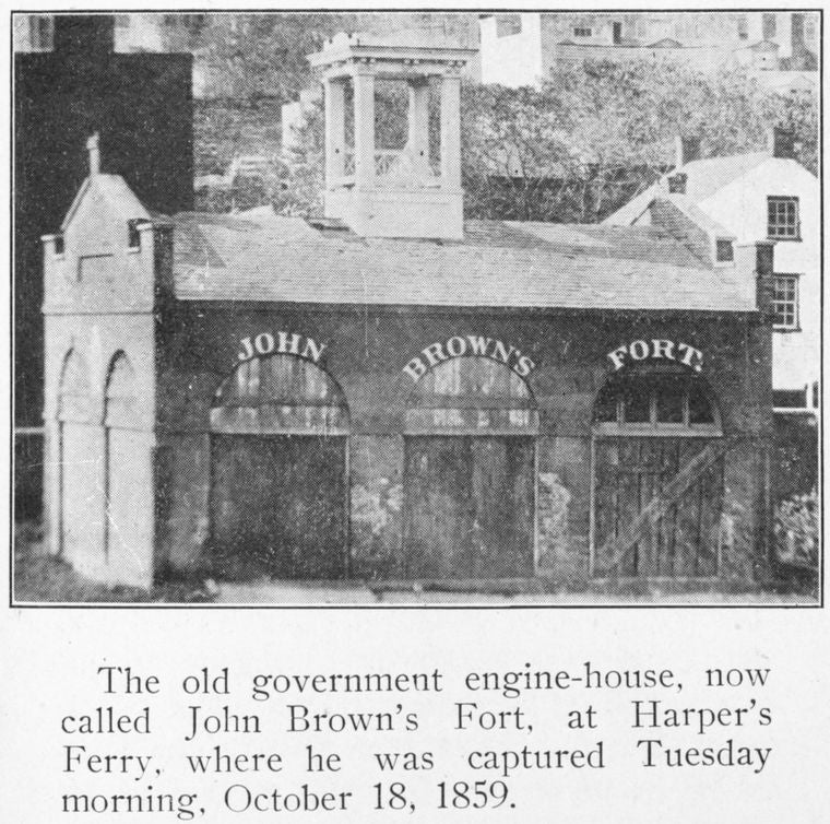 The old government engine-house, now called John Brown's Fort, at Harper's Ferry, where he was captured Tuesday morning, October 18, 1859.