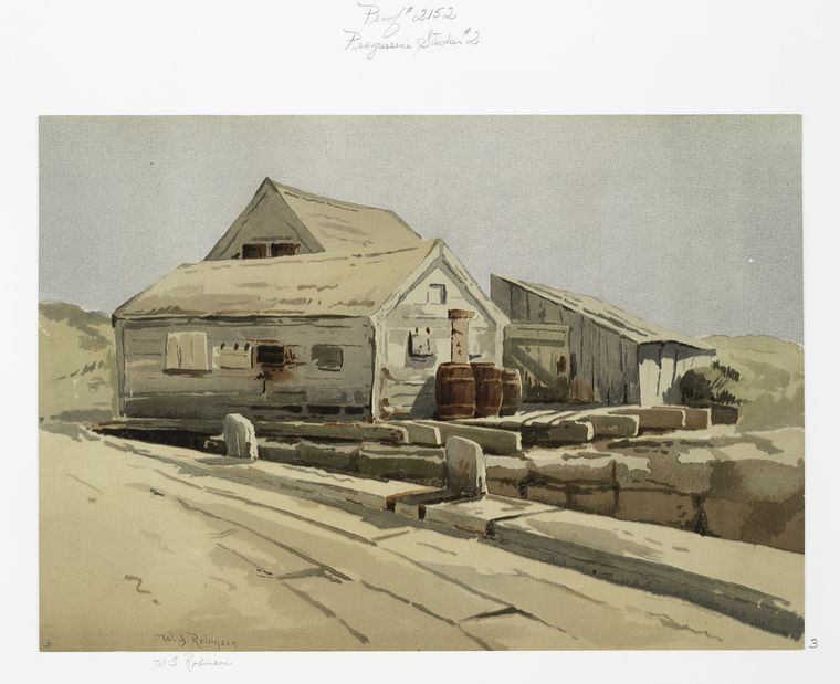 Progressive Studies #2 [print depicting house and wooden barrels].