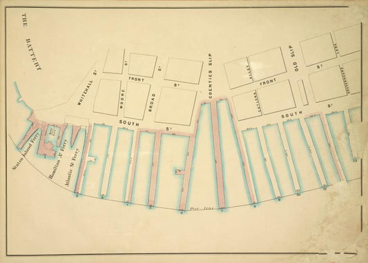 Map bounded by Front St, Gouverneurs Lane, Pier - Line 1-13; Including South St, Staten Island Ferry, Hamilton Av Ferry, Atlantic St Ferry, Whitehall St, Moore St, Broad St, Coenties Slip, Cuylers Alley, Old Slip