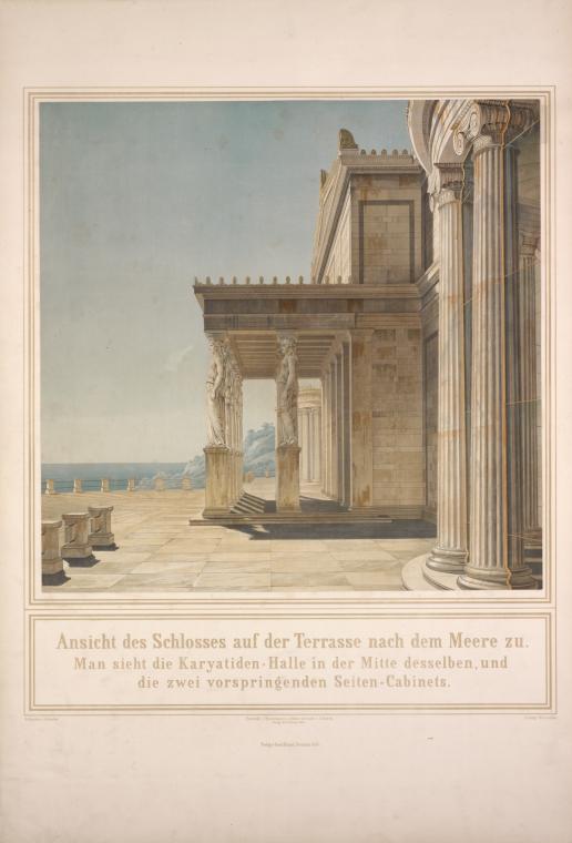 Ansicht des Schlosses auf der Terrasse nach dem Meere zu. Man sieht die Karyatiden-Halle in der Mitte desselben, und die zwei vorspringenden Seiten-Cabinets.