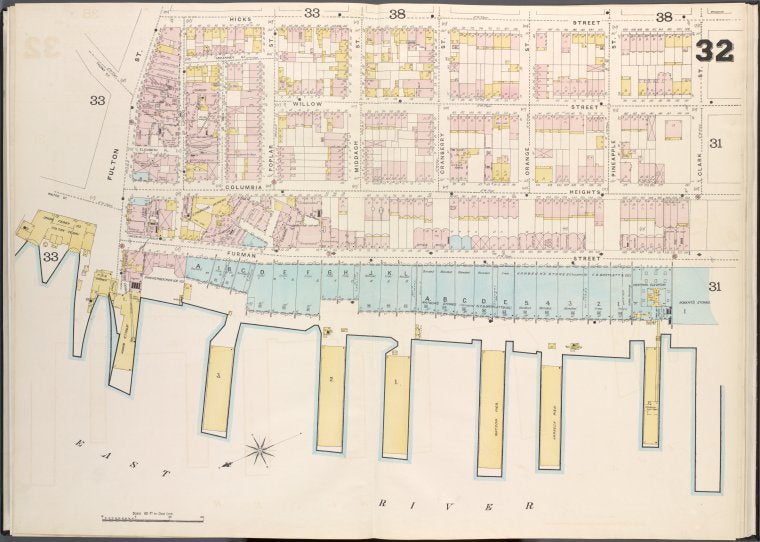 Brooklyn V. 2, Double Page Plate No. 32 [Map bounded by Hicks St., Clark St., East River, Fulton St.]