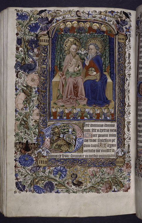 Miniature of Trinity as Two Persons and dove (Psalm 109); with full border design including birds, insects, and human figures.  Large initial on gold, small initials.
