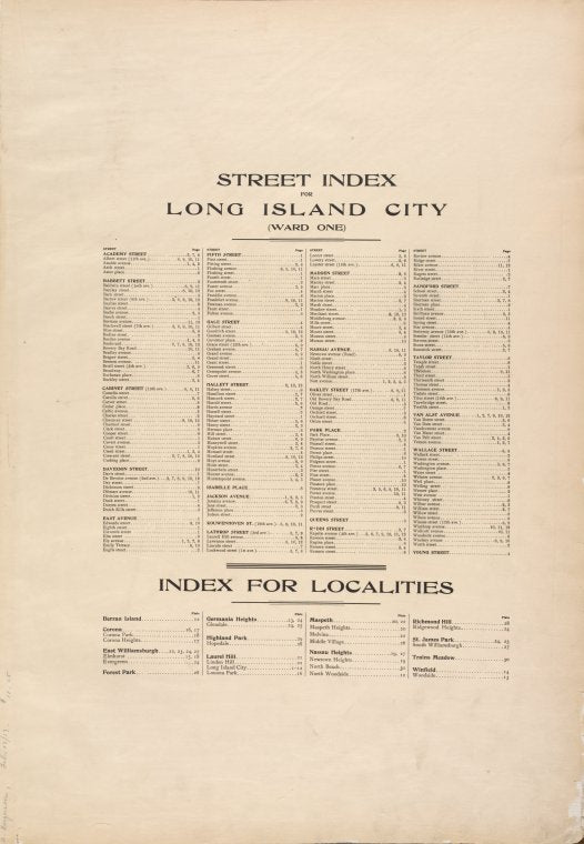Street index for Long Island City (Ward one) Index for Localities