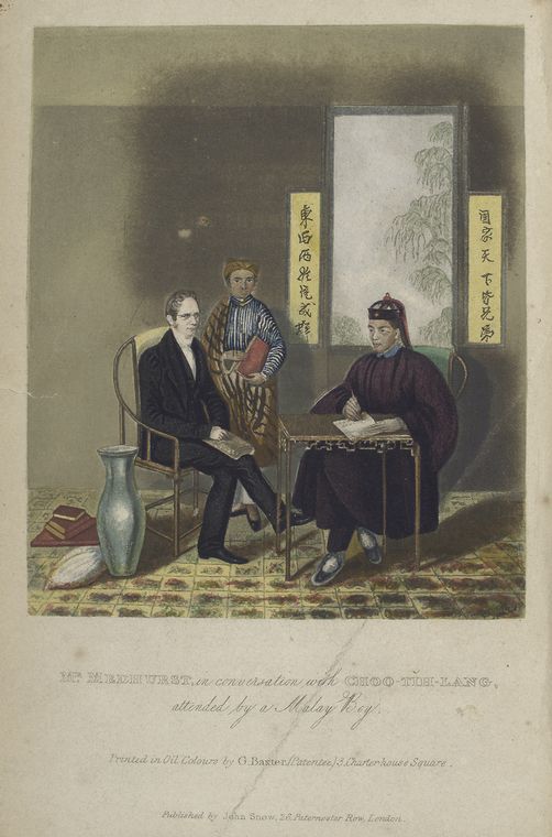 Mr. Medhurst in conversation with Choo-Tih-Lang, attended by a Malay boy