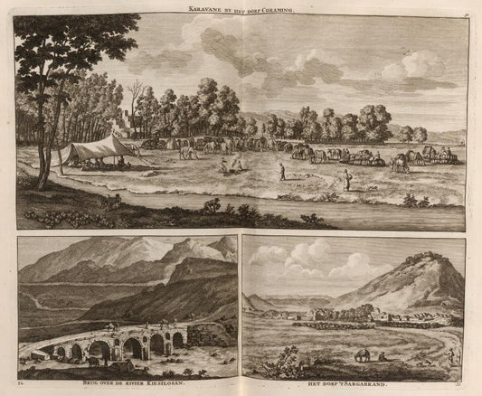 Karavane by het dorp Coraming ; Brug over de rivier Kiesilosan ; Het dorp 'tSargabrand
