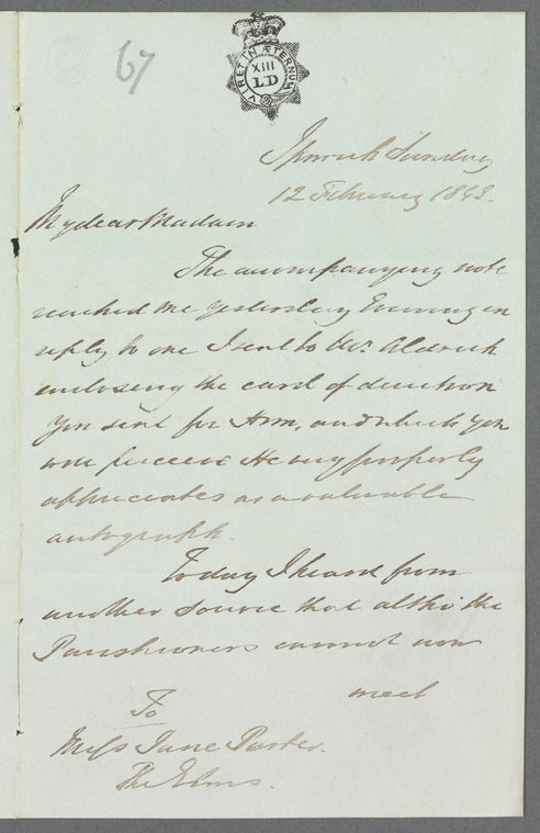 [P.? E.] Leech to Jane Porter, autograph letter signed