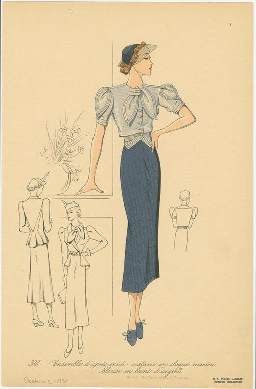 Ensemble d'après-midi : costume en cloqué marine, blouse en lamé d'argent.