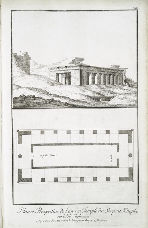 Plan et perspective de l'ancien temple du Serpent Knuphis sur l'Isle Elephantine. (a. Espeçe d'un piedestal couvert d'inscriptions Greques, b. Souterrain).