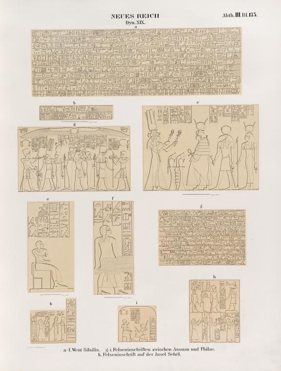 Neues Reich. Dynastie XIX.  a - f. West Silsilis [Gebel el-Silsila]; g - i.  Felseninschriften zwischen Assuan [Aswân] und Philae; k. Felseninschrift auf der Insel Sehêl .