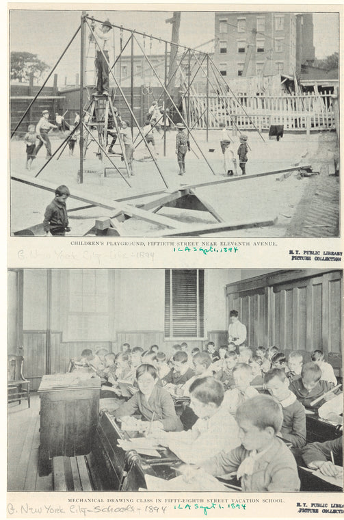 Children's playground, Fiftieth Street near Eleventh Avenue ; Mechanical drawing class in Fifty-eight Street Vacation School