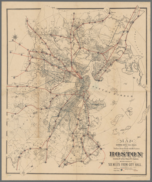 Map showing horse rail roads and the surface steam roads with 104 stations in and around Boston: including 91 surface steam r.r. stations within a radius of six miles from city hall