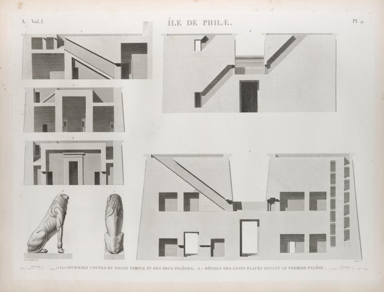 Île de Philæ. 1-5. Diverses coupes du Grand Temple et des deux pylônes; 6.7. Détails des lions placés devant le premier pylône.