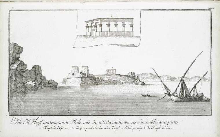 L'Isle Ell Heiff, anciennement Phile, vue du côté du midi, avec ses admirables antiquités. (a. Temple de l'Epervier, b. Dessein particulier du même temple, c. Entrée principale du temple d'Isis.)