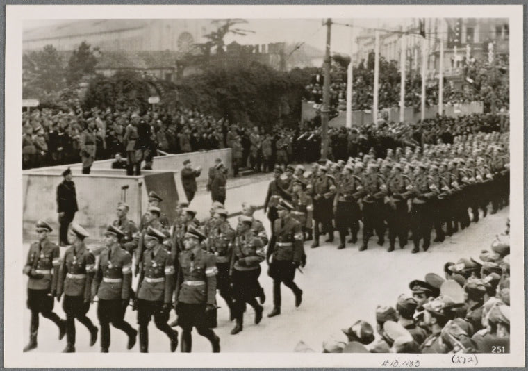 At a great gathering of fascist youth, as the Duce reviewed the march-past of his young followers he found among them a contingent of Hitler Youth.  Axis youth marches as one.