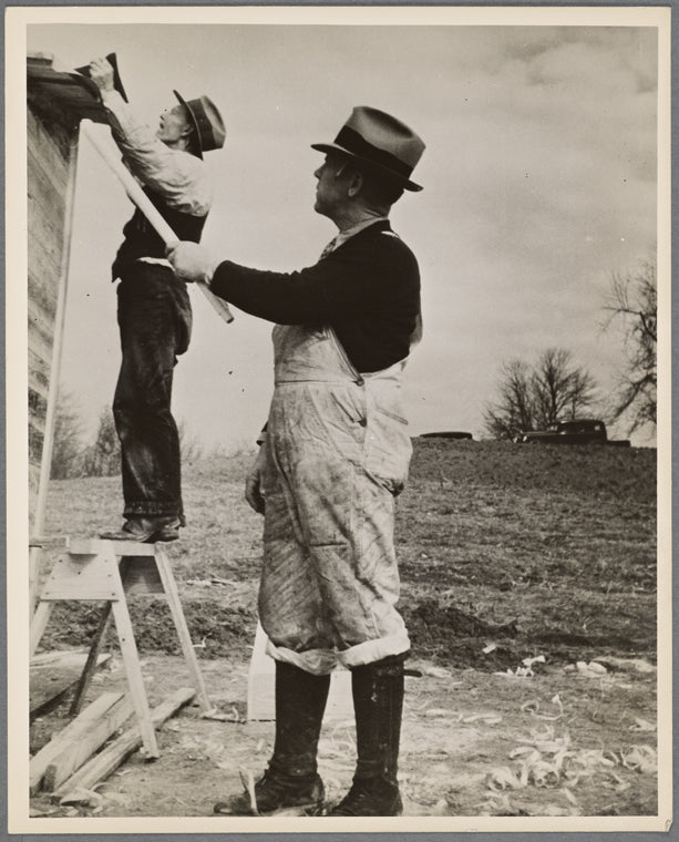 Carpenters working on shelter near lake site. Berwyn project, [Greenbelt,] Maryland.