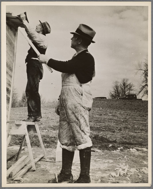 Carpenters working on shelter near lake site. Berwyn project, [Greenbelt,] Maryland.