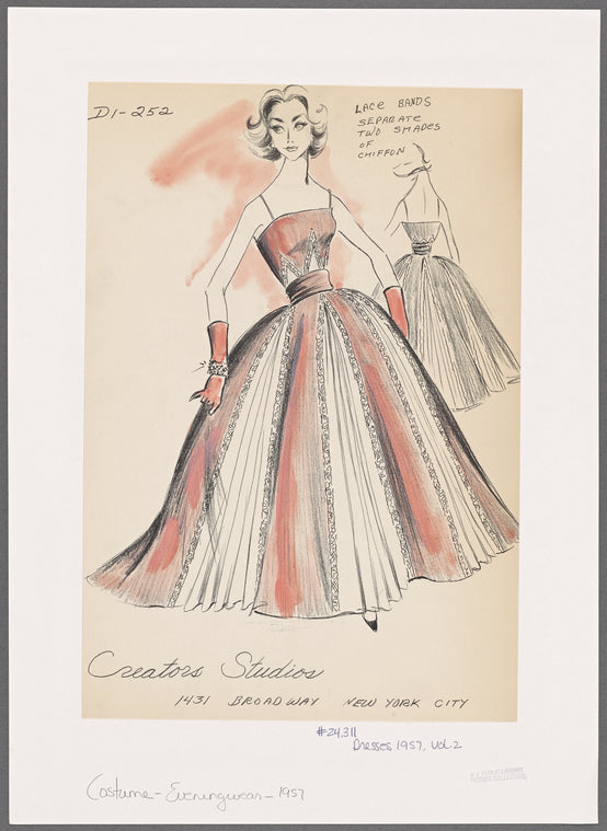 Pink chiffon evening dress with camisole neckline/spaghetti strap bodice, floor-length full  skirt with godets of contrasting white fabric and lace bands separating the two colors of fabric.