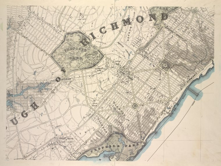 General map of the borough of Richmond (Staten Island) in the city of New York : showing in addition to the existing topographical features of the borough a tentative and preliminary plan for a street system of the same.