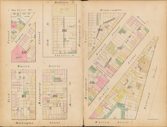 Jersey City, V. 1, Double Page Plate No. 11 [Map bounded by Henderson St., Railroad Ave., Warren St., Washington St., York St.]