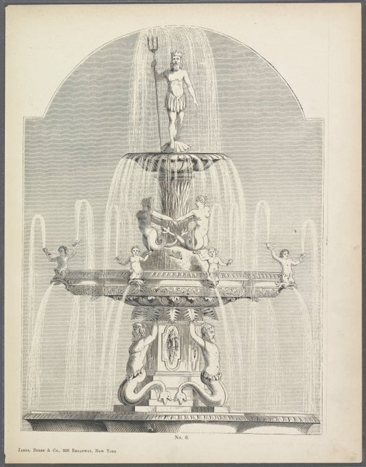 Large fountain with crowned male figure holding triton, male and female sea gods