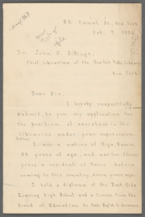 Abraham Freidus: application for a job