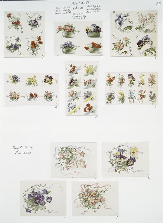 Calendars and Christmas cards depicting flowers, vases and ribbons.