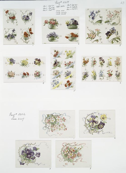 Calendars and Christmas cards depicting flowers, vases and ribbons.
