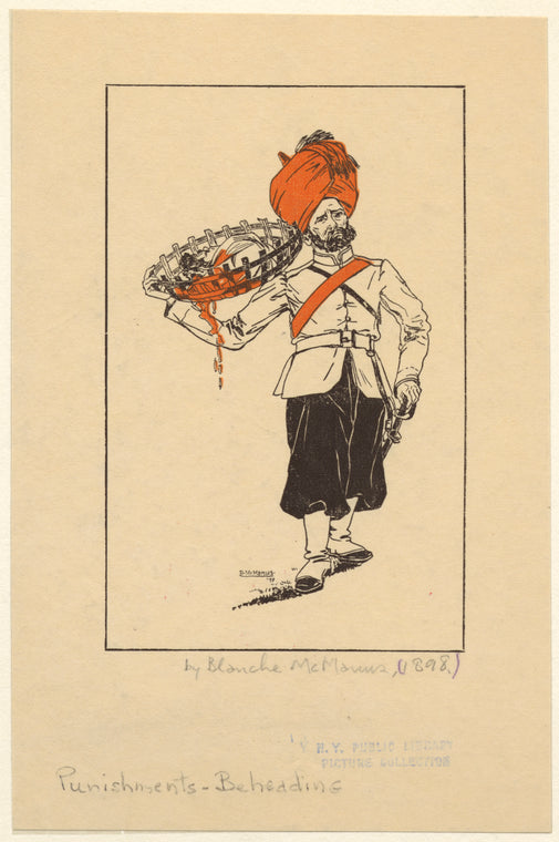 Man carrying a basket with a decapitated head