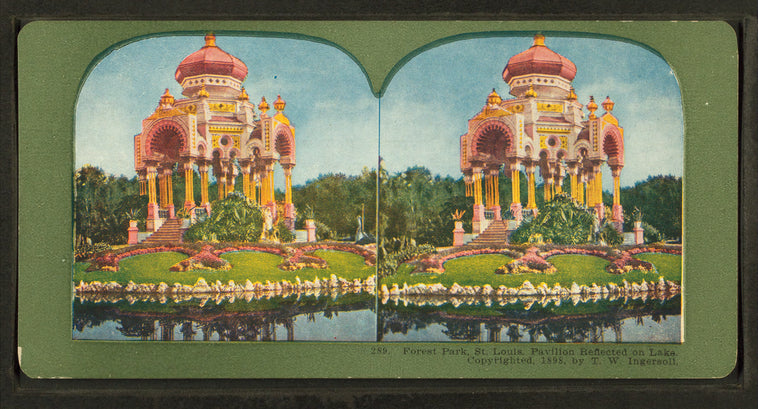 Forest Park, St. Louis. Pavillion reflected on lake.