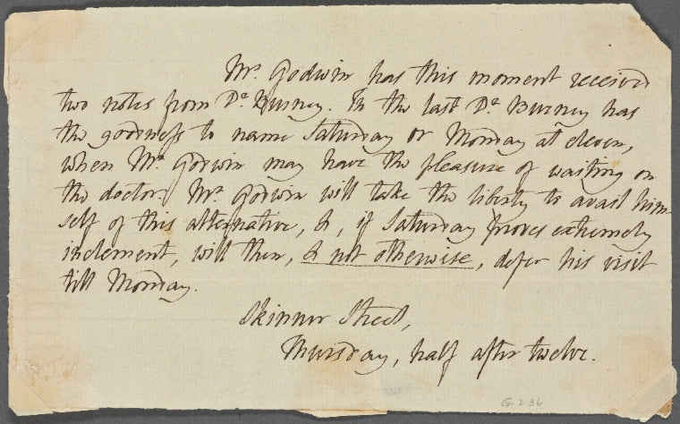 Autograph note, third person, to Charles Burney, 20 May 1813