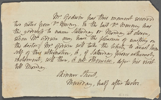 Autograph note, third person, to Charles Burney, 20 May 1813