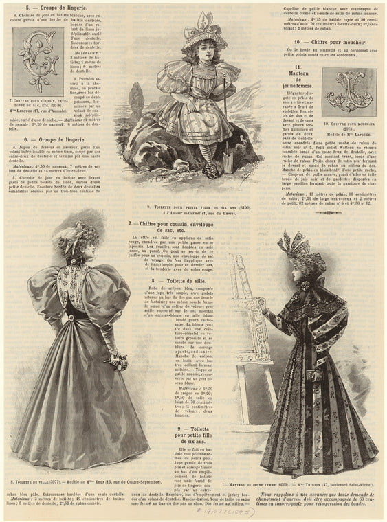 Toilette de ville ; Toilette pour petite fille de six ans ; Chiffre pour mouchoir ; Manteau de jeune femme