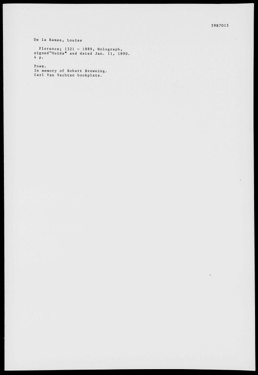De la Ramee, Louise. Florence: 1321-1889. Holograph poem. In memory of Robert Browning