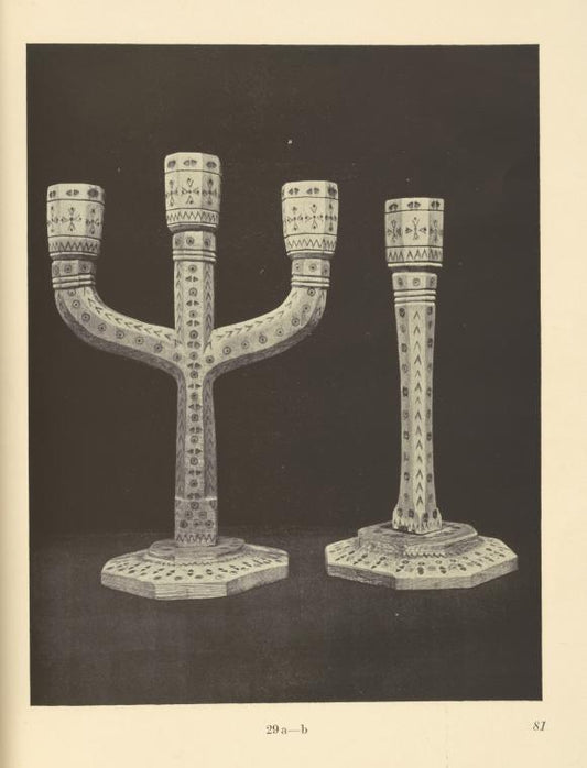 a-b) Wooden candle-sticks ornamented with carving and burnt-in designs