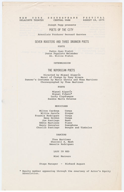 Promotional flyer for the presentation Seven Roosters and Three Drunken Poets and Nuyorican Poets at the Delacorte Theater