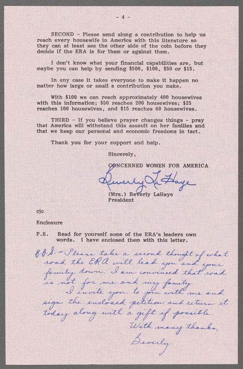 CWA President Beverly LaHaye letter requesting petition signatures, donations, and prayer