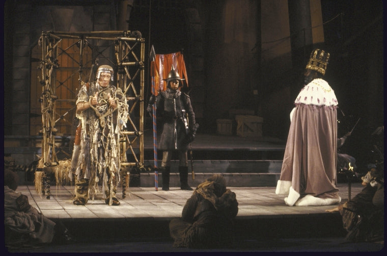 Actors Frank Raiter (L) & Helmar Augustus Cooper (R) in a scene fr. the New York Shakespeare Festival production of the play "Comedy of Errors" at the Delacorte Theater in Central Park. (New York)