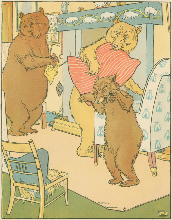Baby bear sees his broken chair.