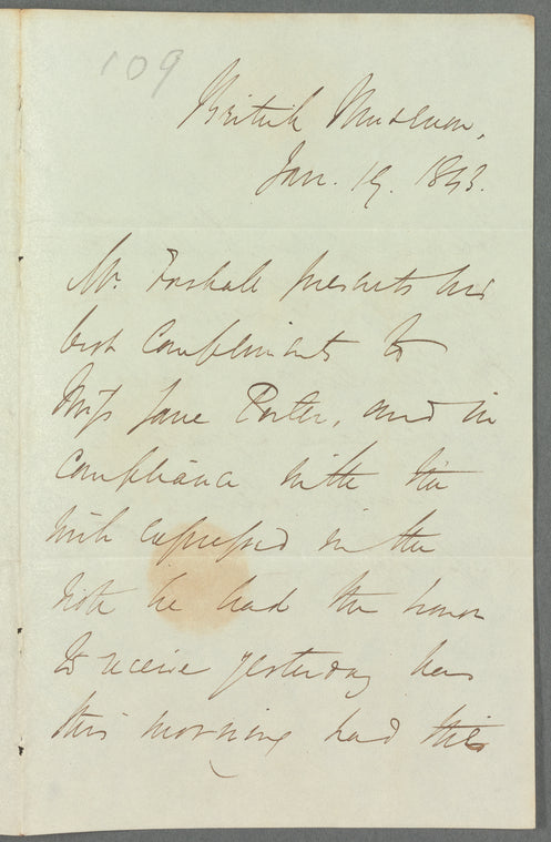 Josiah Forshall to Jane Porter, autograph letter third person